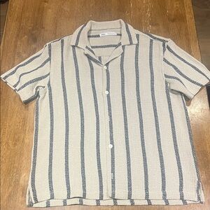 Zara Men's Casual Beige and Navy Striped Shirt